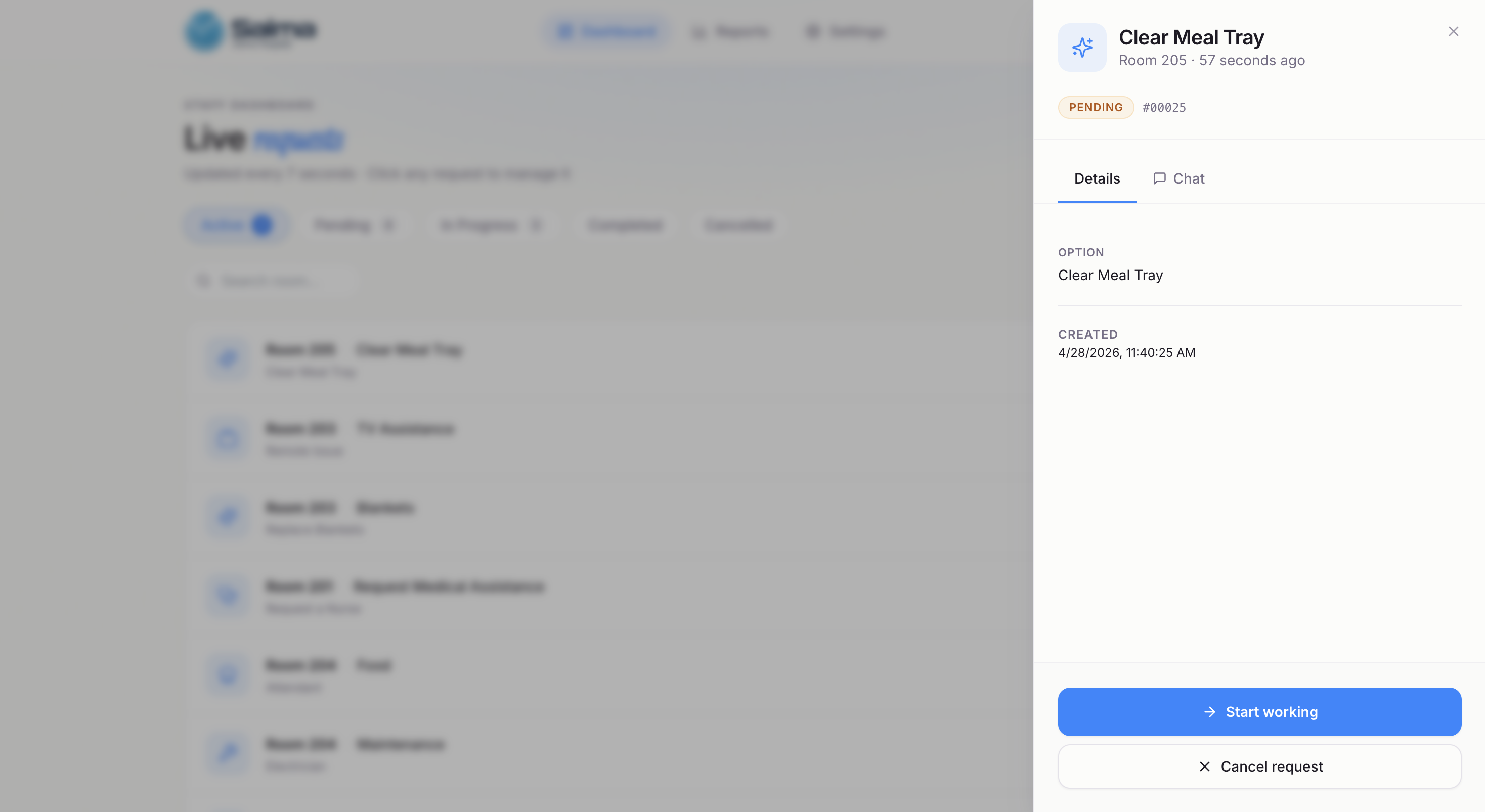 Digital Rooms — Live staff dashboard with request detail panel