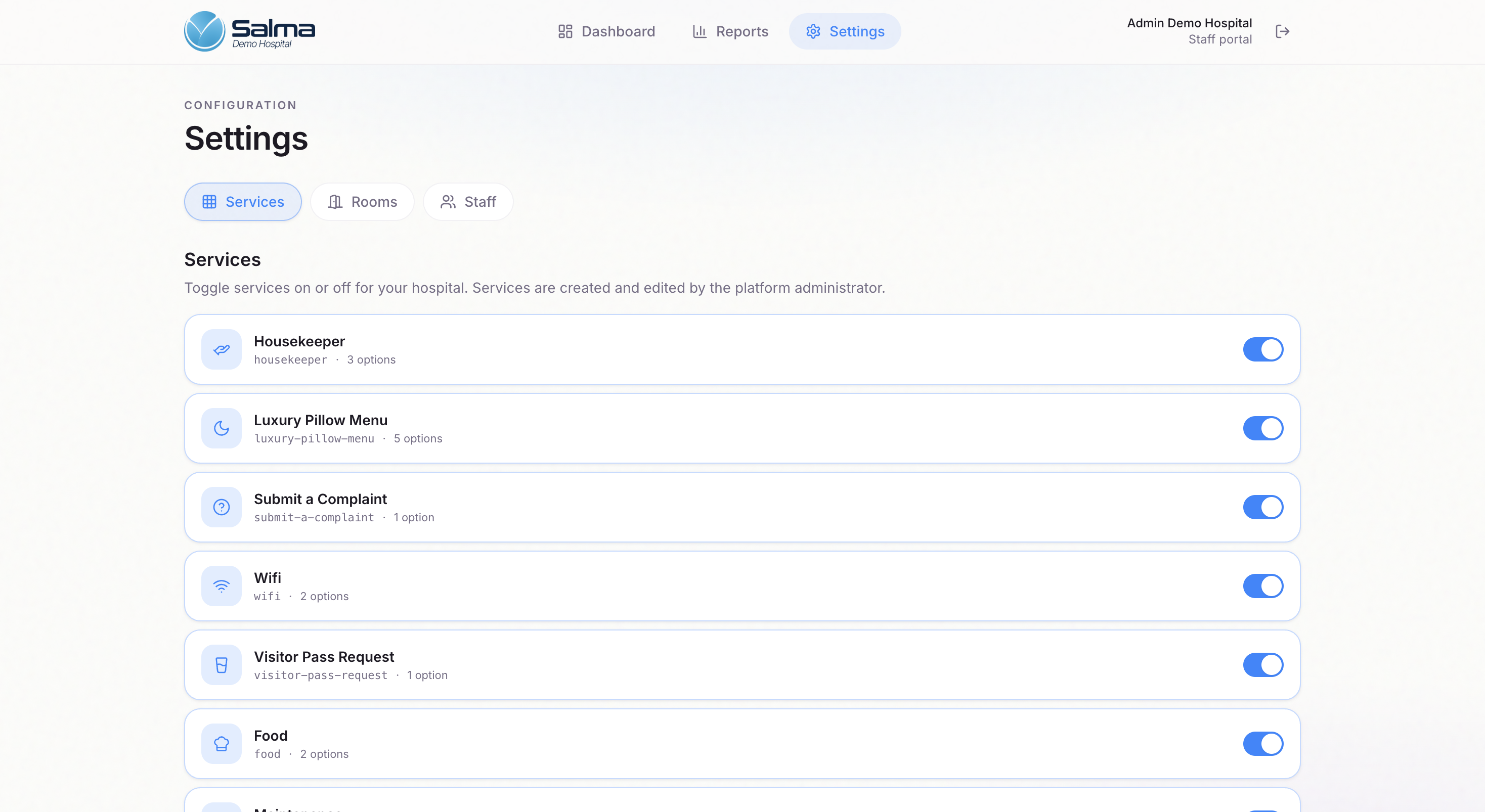 Digital Rooms — Services configuration tab